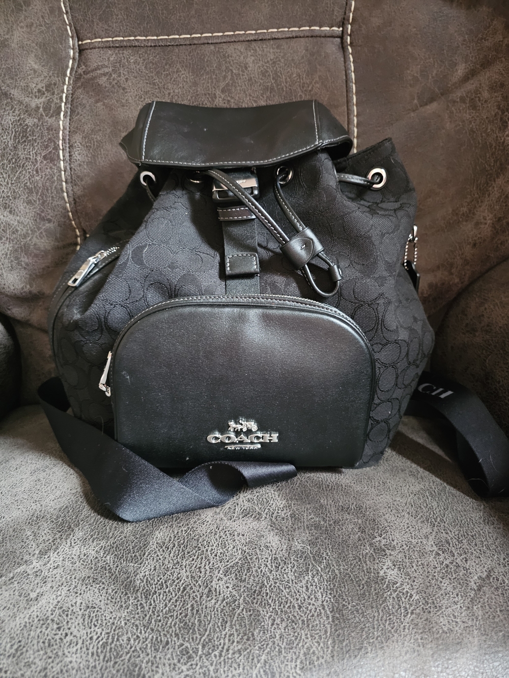 Coach Black Signature Canvas Drawstring Backpack